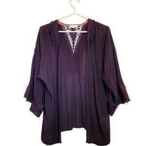 Taylor and Sage black crocheted lace fringe kimono Sz M Whimsigoth Fairy Grunge